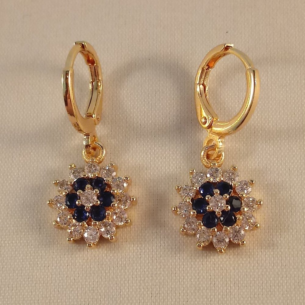 18K Yellow Gold Filled Flower Navy Blue Diamond Zircon Dangle Earrings Gorgeous - Picture 2 of 4